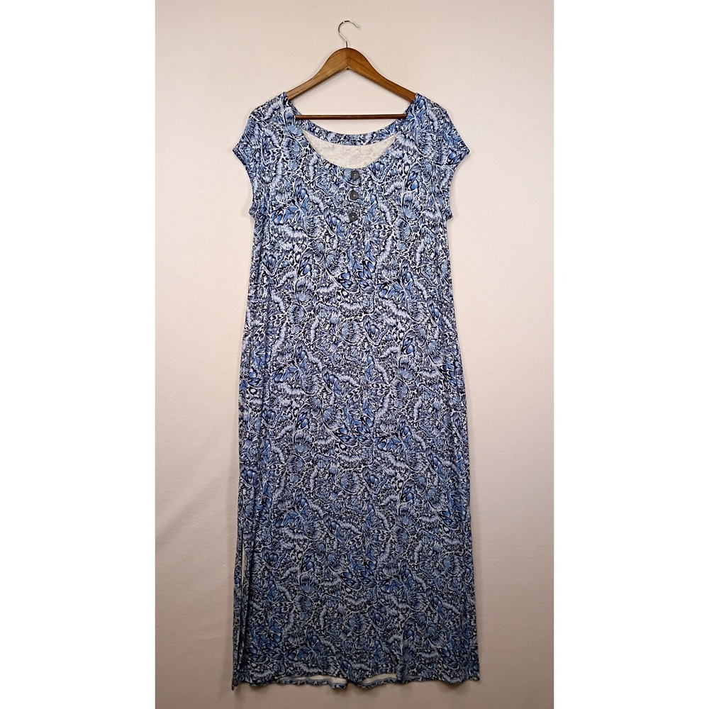 Boho Coastal J. Jill Womens Medium Blue White Abstract Floral Maxi Slit Dress